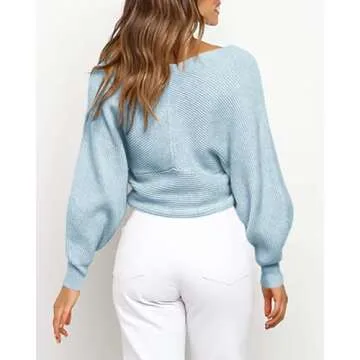 BTFBM Women Casual V Neck Long Sleeve Sweaters Cross Wrap Front Off Shoulder Asymmetric Hem Knitted Crop Solid Pullover(Solid Blue, Small)