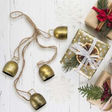 Christmas Bells for Decoration, Gold Metal Vintage Cow Bells with Jute Hanging Rope, Decorative Christmas Cow Bell for Weddings, Parties, and Christmas Wreath