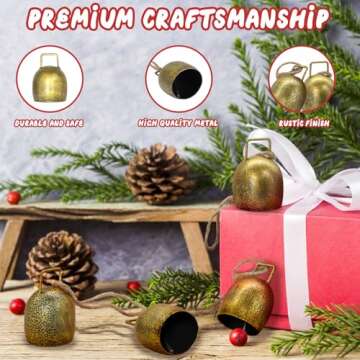 Christmas Bells for Decoration, Gold Metal Vintage Cow Bells with Jute Hanging Rope, Decorative Christmas Cow Bell for Weddings, Parties, and Christmas Wreath