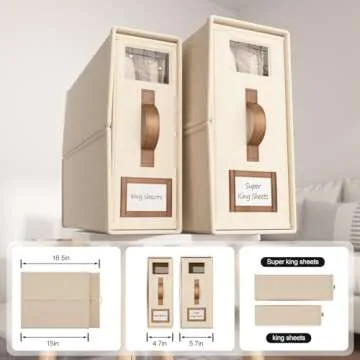BigPonPon 4 Pack Foldable Bed Sheets Set Organizers and Storage(Super King Size),Linen Fabric Closet Organizers with Window,Folding Bedding Storage Box for Bedsheets and Pillow Cube Organizer-Beige
