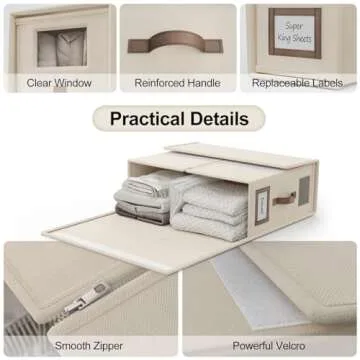 BigPonPon 4 Pack Foldable Bed Sheets Set Organizers and Storage(Super King Size),Linen Fabric Closet Organizers with Window,Folding Bedding Storage Box for Bedsheets and Pillow Cube Organizer-Beige