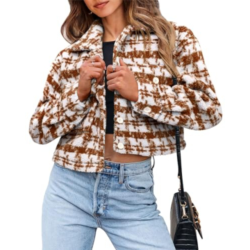 PRETTYGARDEN Women's Fall Plaid Shacket Jacket Faux Fur Lapel Open Front Cropped Winter Coats Outerw...