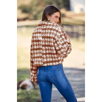 PRETTYGARDEN Women's Fall Plaid Shacket Jacket Faux Fur Lapel Open Front Cropped Winter Coats Outerwear (Brown,Large)
