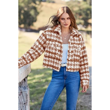 PRETTYGARDEN Women's Fall Plaid Shacket Jacket Faux Fur Lapel Open Front Cropped Winter Coats Outerwear (Brown,Large)