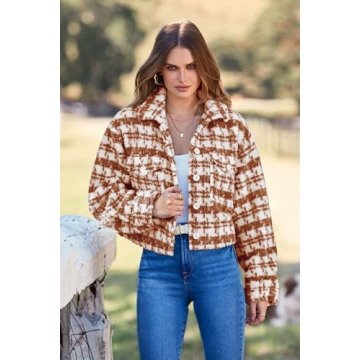 PRETTYGARDEN Women's Fall Plaid Shacket Jacket Faux Fur Lapel Open Front Cropped Winter Coats Outerwear (Brown,Large)