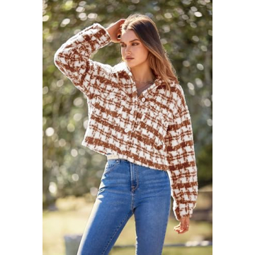 PRETTYGARDEN Women's Fall Plaid Shacket Jacket Faux Fur Lapel Open Front Cropped Winter Coats Outerwear (Brown,Large)