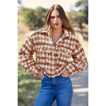 PRETTYGARDEN Women's Fall Plaid Shacket Jacket Faux Fur Lapel Open Front Cropped Winter Coats Outerwear (Brown,Large)