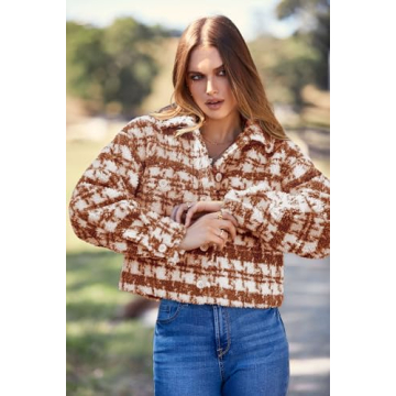 PRETTYGARDEN Women's Fall Plaid Shacket Jacket Faux Fur Lapel Open Front Cropped Winter Coats Outerwear (Brown,Large)