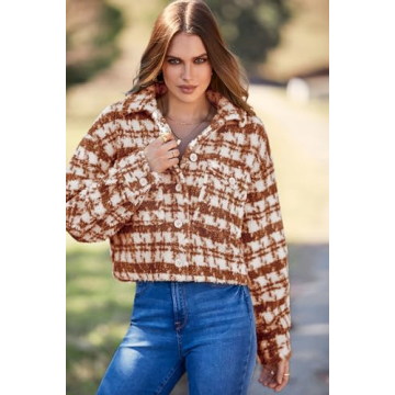 PRETTYGARDEN Women's Fall Plaid Shacket Jacket Faux Fur Lapel Open Front Cropped Winter Coats Outerwear (Brown,Large)