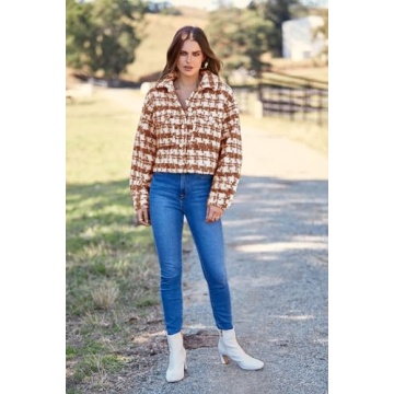 PRETTYGARDEN Women's Fall Plaid Shacket Jacket Faux Fur Lapel Open Front Cropped Winter Coats Outerwear (Brown,Large)