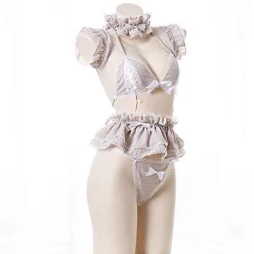 Jilneed Lolita Cute Maid Lingerie Set for Women for Sex Anime Cosplay Costume Lace Bikini Outfit (Brown, Medium)