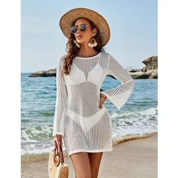 Blooming Jelly Women's Swimsuit Coverup Crochet Bikini Cover Ups Hollow Out Net Longsleeve Swimwear for Beach（S，White）