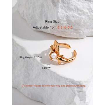 N9NEMUSES 18K Gold Pearl Ring for Women, 5-5.5mm Dainty Freshwater Cultured Pearl Open Ring, Adjustable Statement Ring for Women | Adjustable Size from 5.5-7.5