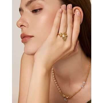 N9NEMUSES 18K Gold Pearl Ring for Women, 5-5.5mm Dainty Freshwater Cultured Pearl Open Ring, Adjustable Statement Ring for Women | Adjustable Size from 5.5-7.5