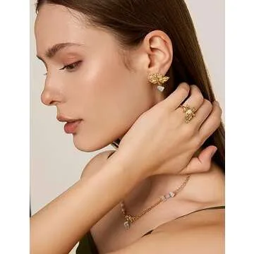 N9NEMUSES 18K Gold Pearl Ring for Women, 5-5.5mm Dainty Freshwater Cultured Pearl Open Ring, Adjustable Statement Ring for Women | Adjustable Size from 5.5-7.5