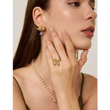 N9NEMUSES 18K Gold Pearl Ring for Women, 5-5.5mm Dainty Freshwater Cultured Pearl Open Ring, Adjustable Statement Ring for Women | Adjustable Size from 5.5-7.5