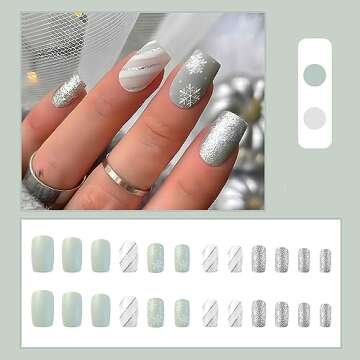 24 Pcs Christmas Press on Nails Short Winter Fake Nails Square Nail Tips Acrylic Nails Press ons Sno...