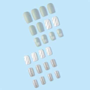24 Pcs Christmas Press on Nails Short Winter Fake Nails Square Nail Tips Acrylic Nails Press ons Snowflake Stripe Design Christmas False Nails Kit Holiday Glue on Nails Stick on Nails for Women Girls