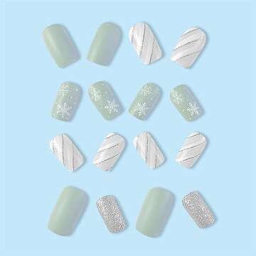 24 Pcs Christmas Press on Nails Short Winter Fake Nails Square Nail Tips Acrylic Nails Press ons Snowflake Stripe Design Christmas False Nails Kit Holiday Glue on Nails Stick on Nails for Women Girls