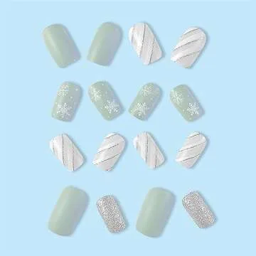 24 Pcs Christmas Press on Nails Short Winter Fake Nails Square Nail Tips Acrylic Nails Press ons Snowflake Stripe Design Christmas False Nails Kit Holiday Glue on Nails Stick on Nails for Women Girls