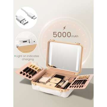 ROWNYEON Travel Makeup Case With Light Up Mirror - Portable Organizer and Train Case for Makeup Artists and Hairstylists with 5x Mirror(White)