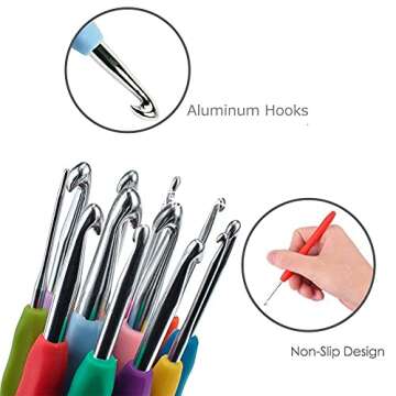 14 Size Ergonomic Crochet Hooks Set,Crochet Hooks with Soft Rubber Handle Size from 2.0mm to 10.0mm