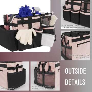 SCAVATA Wearable Cleaning Caddy, Cleaning Caddy Supplies Organizer with Handle & Shoulder Straps for Housekeepers, Under Sink & Car Cleaning Tool Organizers Bag with 4 Foldable Divider (Pink)