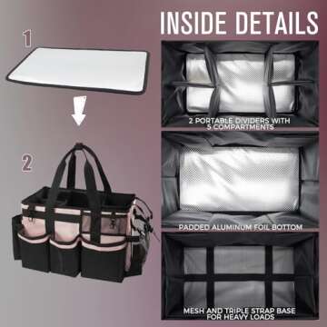 SCAVATA Wearable Cleaning Caddy, Cleaning Caddy Supplies Organizer with Handle & Shoulder Straps for Housekeepers, Under Sink & Car Cleaning Tool Organizers Bag with 4 Foldable Divider (Pink)