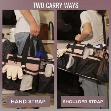 SCAVATA Wearable Cleaning Caddy, Cleaning Caddy Supplies Organizer with Handle & Shoulder Straps for Housekeepers, Under Sink & Car Cleaning Tool Organizers Bag with 4 Foldable Divider (Pink)