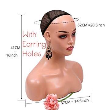 Realistic Female Mannequin Head with Shoulders for Display - Manikin Head with Shoulder for Wig/Jewe...