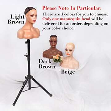 Realistic Female Mannequin Head with Shoulders for Display - Manikin Head with Shoulder for Wig/Jewelry/Makeup/Hat/Sunglass Display (Dark Brown)