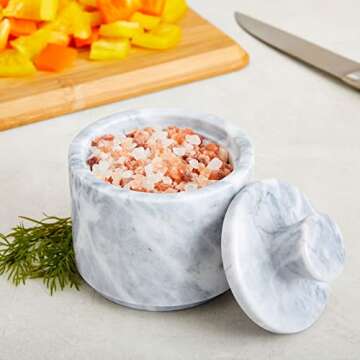 Juvale White Marble Salt Cellar with Lid for Seasonings, Spices, Kitchen Counter and Tabletop (3 x 3.3 In)
