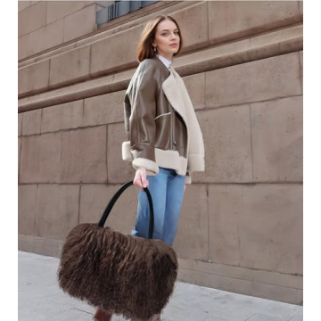 FINILUO Women Luxury Real Lamb/Mongolian Flush Wool Fur Handbag Chocolate