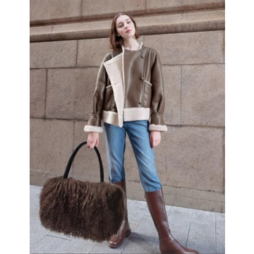 FINILUO Women Luxury Real Lamb/Mongolian Flush Wool Fur Handbag Chocolate