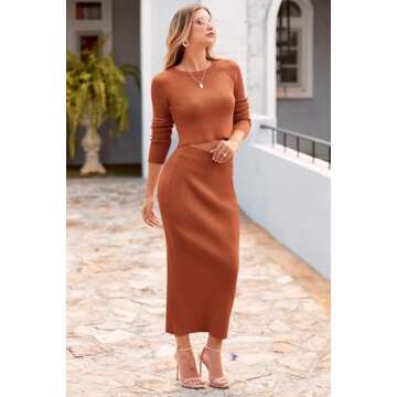 PRETTYGARDEN Women's Fall 2 Piece Sweater Set Rib Knit Long Sleeve Crop Top Maxi Bodycon Skirt Casual Winter Outfits (Caramel,Small)