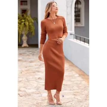 PRETTYGARDEN Women's Fall 2 Piece Sweater Set Rib Knit Long Sleeve Crop Top Maxi Bodycon Skirt Casual Winter Outfits (Caramel,Small)