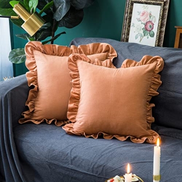 GLORY SEASON Throw Pillow Covers 2 Pack 100% Cotton Retro Ruffle Flounces Trim Solid Brick-red Squar...