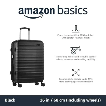 Amazon Basics Suitcase, Hardside Luggage with Spinner Wheels, Scratch-Resistant Surface, Black, 26-Inch