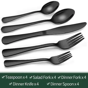 20-Piece Black Silverware Set, EWFEN Black Flatware Set for 4, Food-Grade Stainless Steel Tableware ...