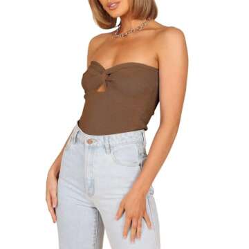 ANRABESS Womens Tube Tops Strapless Cut Out Twist Knot Front Bandeau Ribbed Knit Y2K Tank Corset Tops Teens Preppy Clothes X-Small Caramel