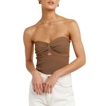 ANRABESS Womens Tube Tops Strapless Cut Out Twist Knot Front Bandeau Ribbed Knit Y2K Tank Corset Tops Teens Preppy Clothes X-Small Caramel