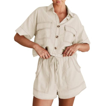 Imily Bela Women's 2 Piece Outfits Sets Summer Button Down Shirts and Shorts Pajama Sets Casual Loun...