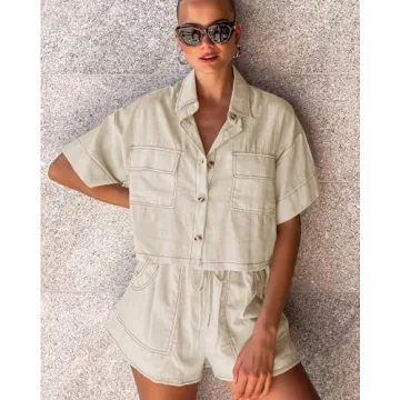 Imily Bela Women's 2 Piece Outfits Sets Summer Button Down Shirts and Shorts Pajama Sets Casual Loungewear with Pockets