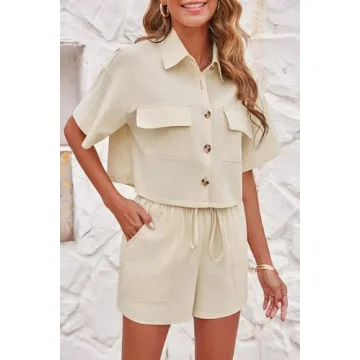 Imily Bela Women's 2 Piece Outfits Sets Summer Button Down Shirts and Shorts Pajama Sets Casual Loungewear with Pockets