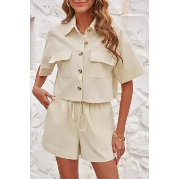 Imily Bela Women's 2 Piece Outfits Sets Summer Button Down Shirts and Shorts Pajama Sets Casual Loungewear with Pockets