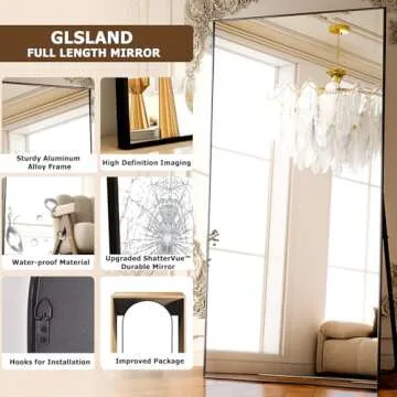 GLSLAND-38 x 77" Rectangular Full Length Mirror - Large Floor Mirrors Aluminum Alloy Frame Full Body Dressing Mirror for Bedroom, Living Room,Black