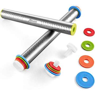 Rolling Pin and Silicone Baking Pastry Mat Set, Stainless Steel Dough Roller with Adjustable Thickne...
