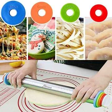 Rolling Pin and Silicone Baking Pastry Mat Set, Stainless Steel Dough Roller with Adjustable Thickness Rings, for Pizza, Pie, Pastries, Pasta, Cookies