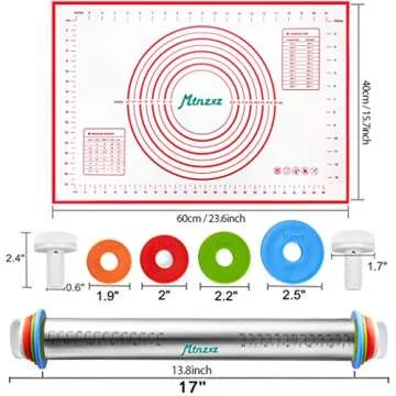 Rolling Pin and Silicone Baking Pastry Mat Set, Stainless Steel Dough Roller with Adjustable Thickness Rings, for Pizza, Pie, Pastries, Pasta, Cookies