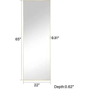 TinyTimes 65"×22" Full Length Mirror, Floor Mirror with Stand, Full Body Tall Mirror, Freestanding or Wall-Mounted, Brushed Thin Frame, for Bedroom, Liveing Room- Gold